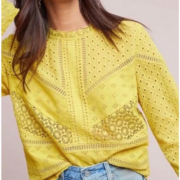 Anthropologie James Coviello Burnham Eyelet Lace Top Yellow Size Small‎ - Picture 1 of 13
